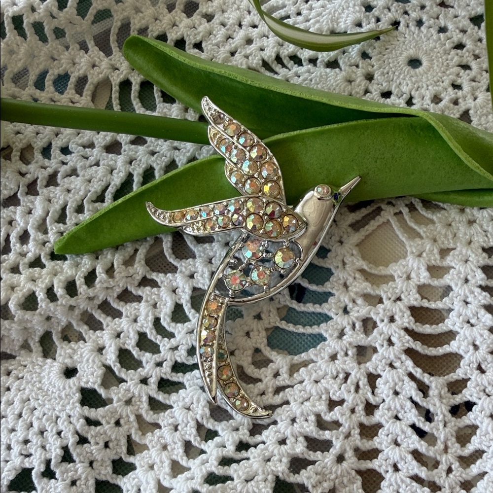 Sarah Coventry Iridescent Crystal Swallow Brooch - Silver & Aurora Tones